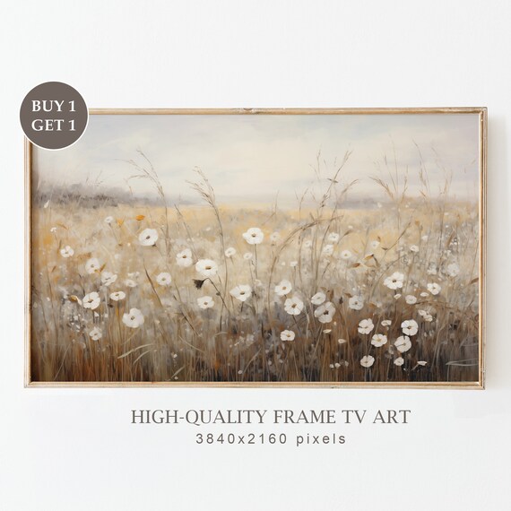 Moody White Cosmos Misty Golden Meadow Neutral Spring Wall Art