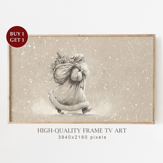 Vintage Santa Claus Drawing Art Print, Neutral Farmhouse