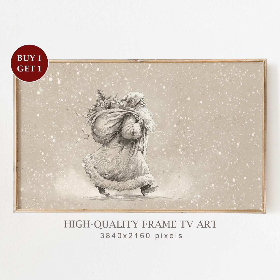 Vintage Santa Claus Drawing Art Print, Neutral Farmhouse