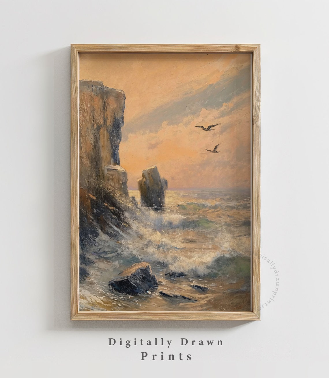 Dramatic Coastal Cliffs Sunset Waves Seagulls Seascape Art Print - Image 5