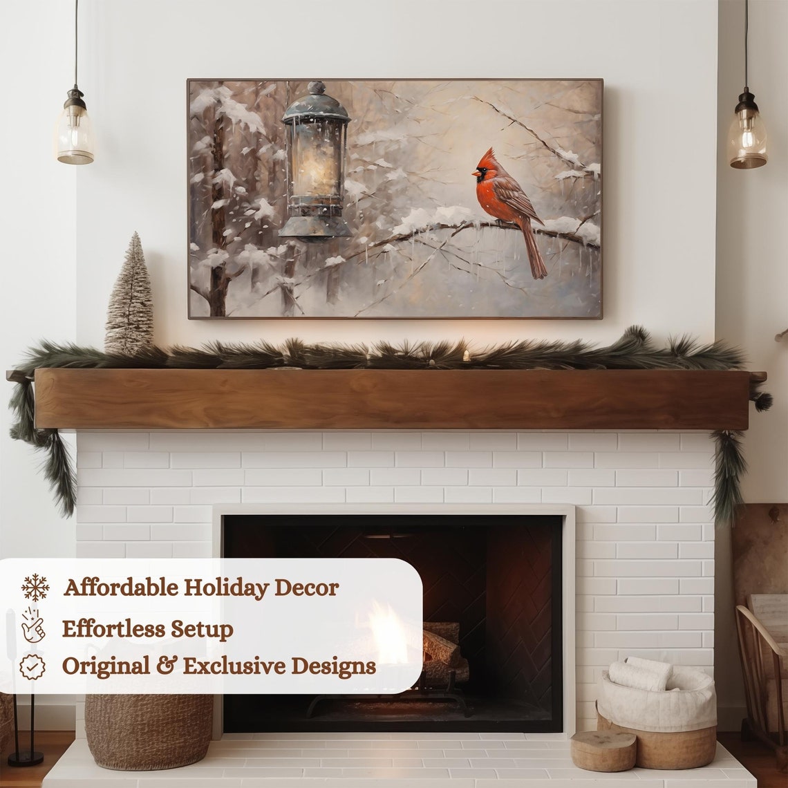 Red Cardinal Bird On Snowy Branch Lantern Christmas Art Poster - Image 3