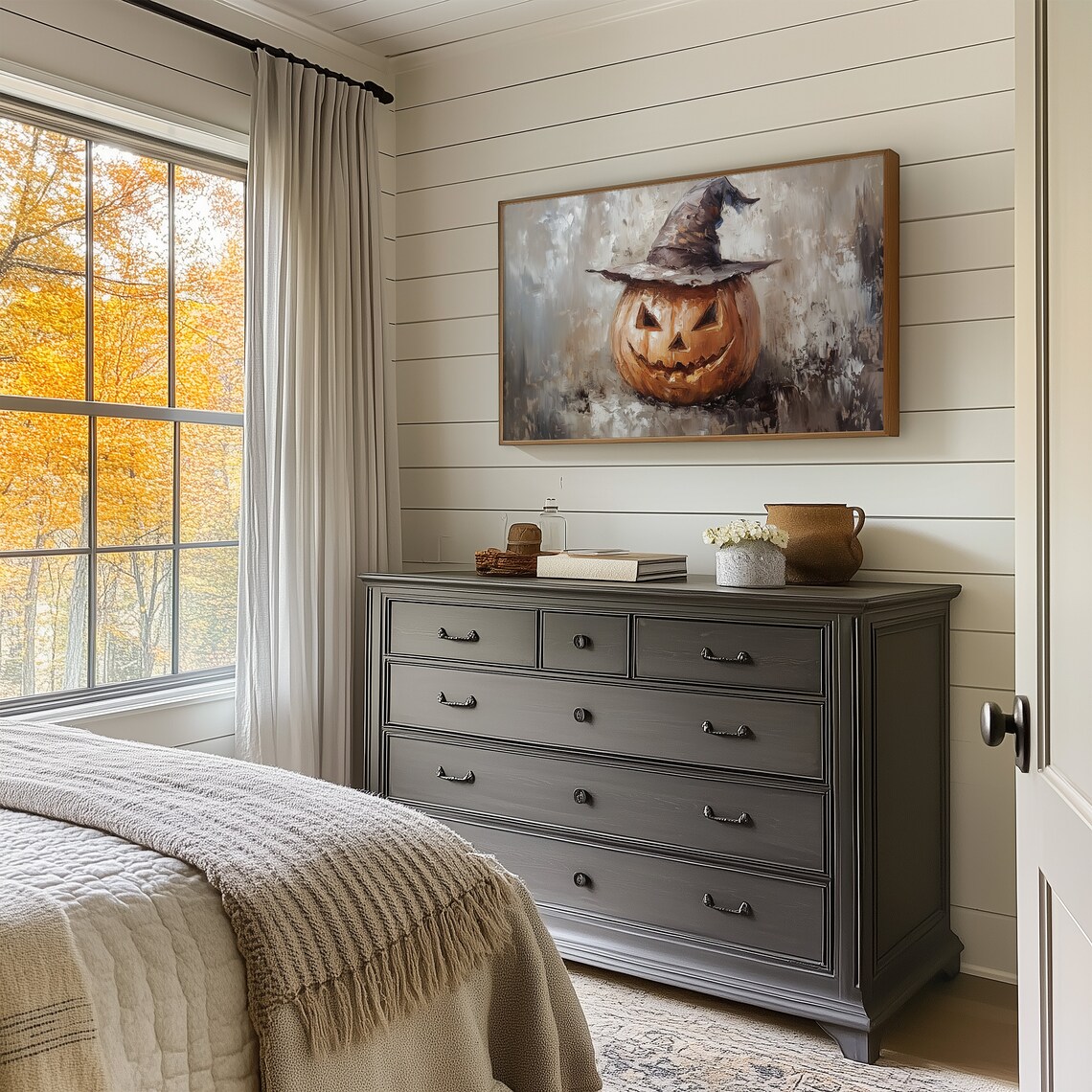 Jack O Lantern Wearing Witch Hat Rustic Gray Background Halloween Poster - Image 4