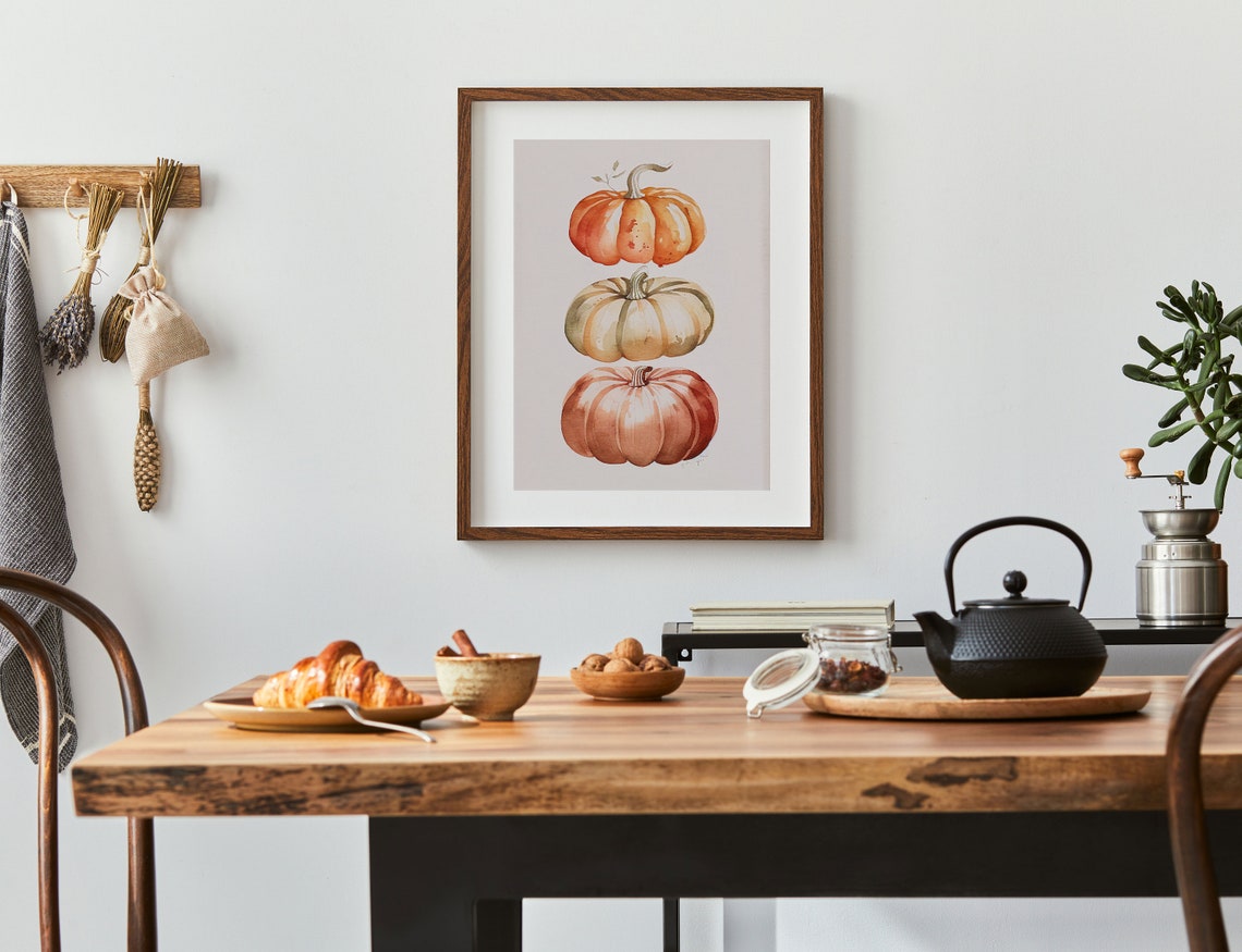 Stacked Watercolor Pumpkins Rustic Orange Cream Fall Wall Art Print - Image 2