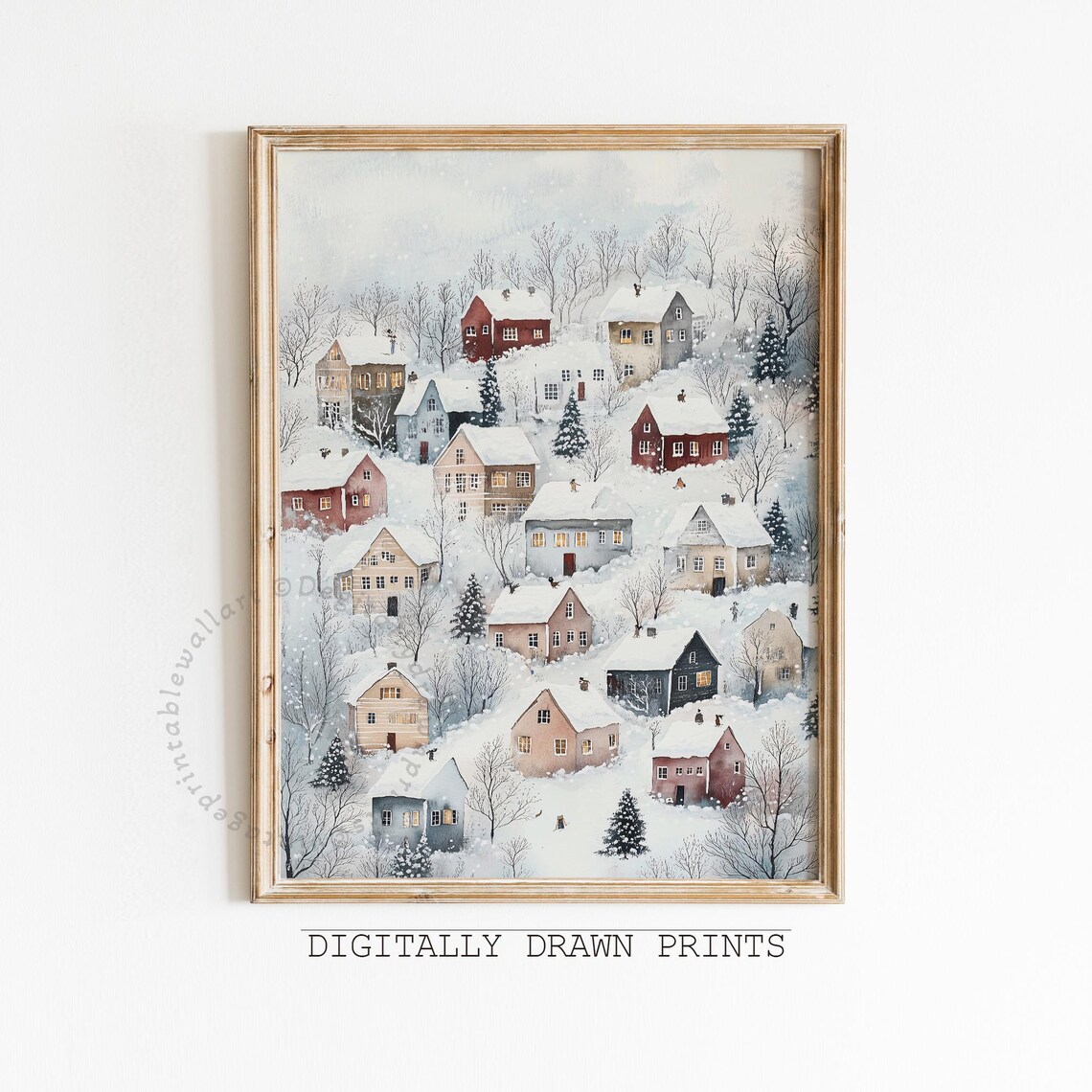 Watercolor Snowy Hillside Village Colorful Houses Winter Poster