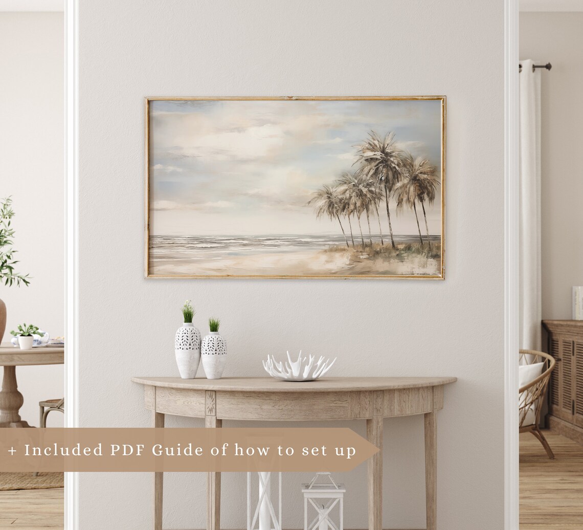 Neutral Palm Tree Beach Muted Coastal Seascape Vintage Gray Sky Art Poster - Image 3