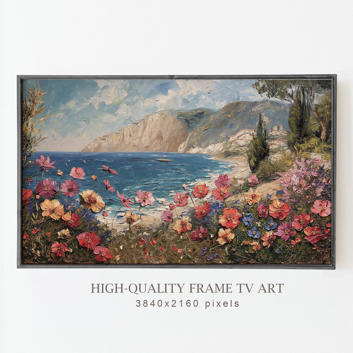 Frame Tv Art Summer Beach Landscape Oil Painting Antique Wildflowers Meadow Country Painting Farmhouse Decor - Image 2