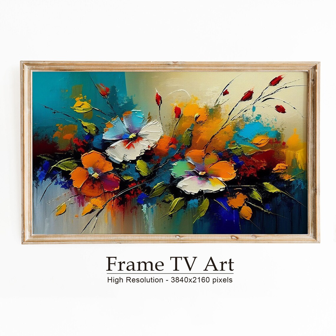 Colorful Abstract Bouquet Palette Knife Flowers Teal Art Print