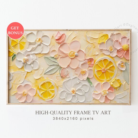 Abstract Lemon Slices Pink Blossoms Textured Floral Oil Poster