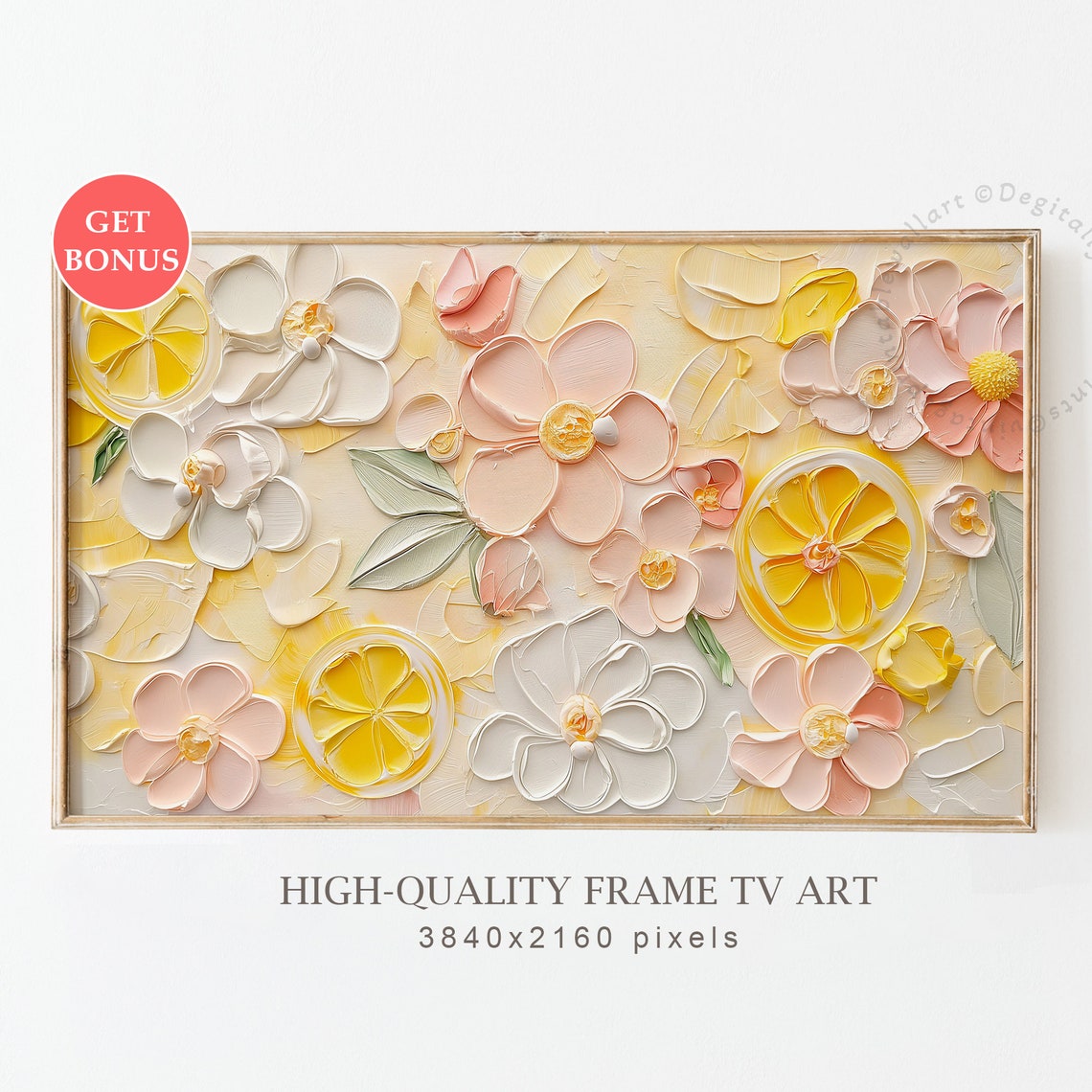 Abstract Lemon Slices Pink Blossoms Textured Floral Oil Poster