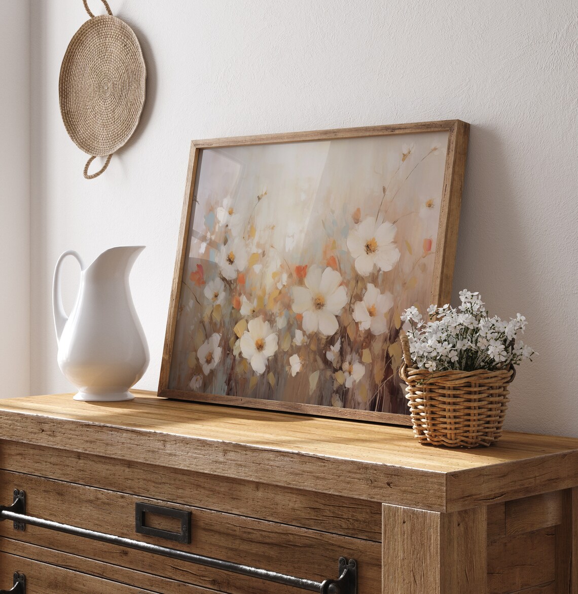 Ethereal White Wildflowers Soft Beige Misty Meadow Floral Wall Art - Image 2