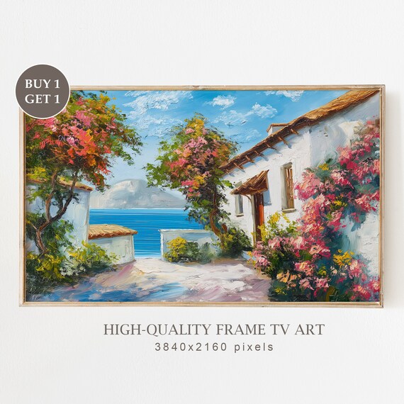 Mediterranean Coastal Alley Bougainvillea Whitewashed Village Seaview Poster