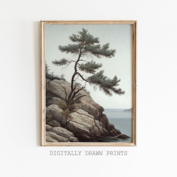 Lone Windswept Pine Rocky Cliff Seaside Minimalist Vintage Poster
