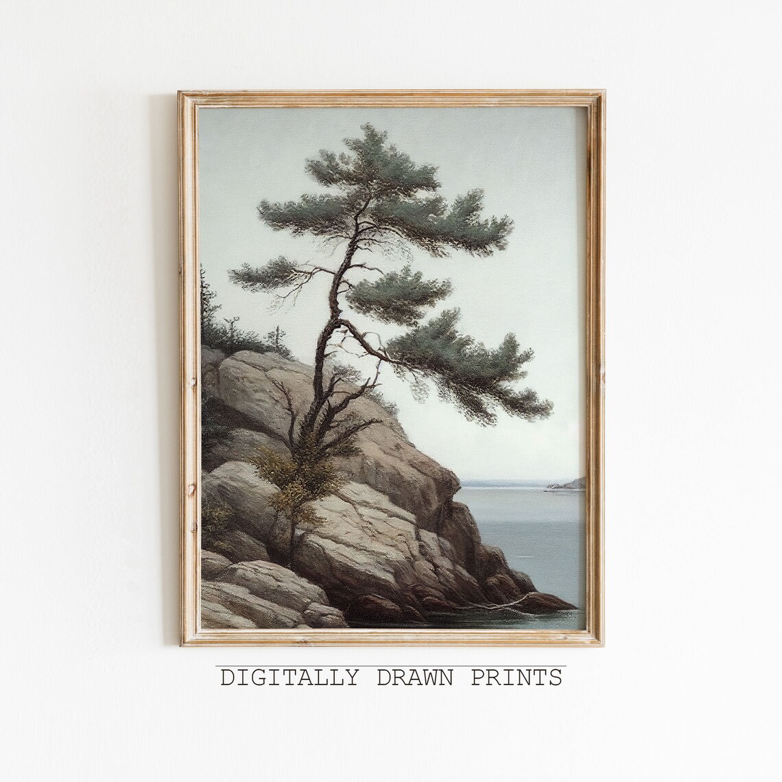 Lone Windswept Pine Rocky Cliff Seaside Minimalist Vintage Poster