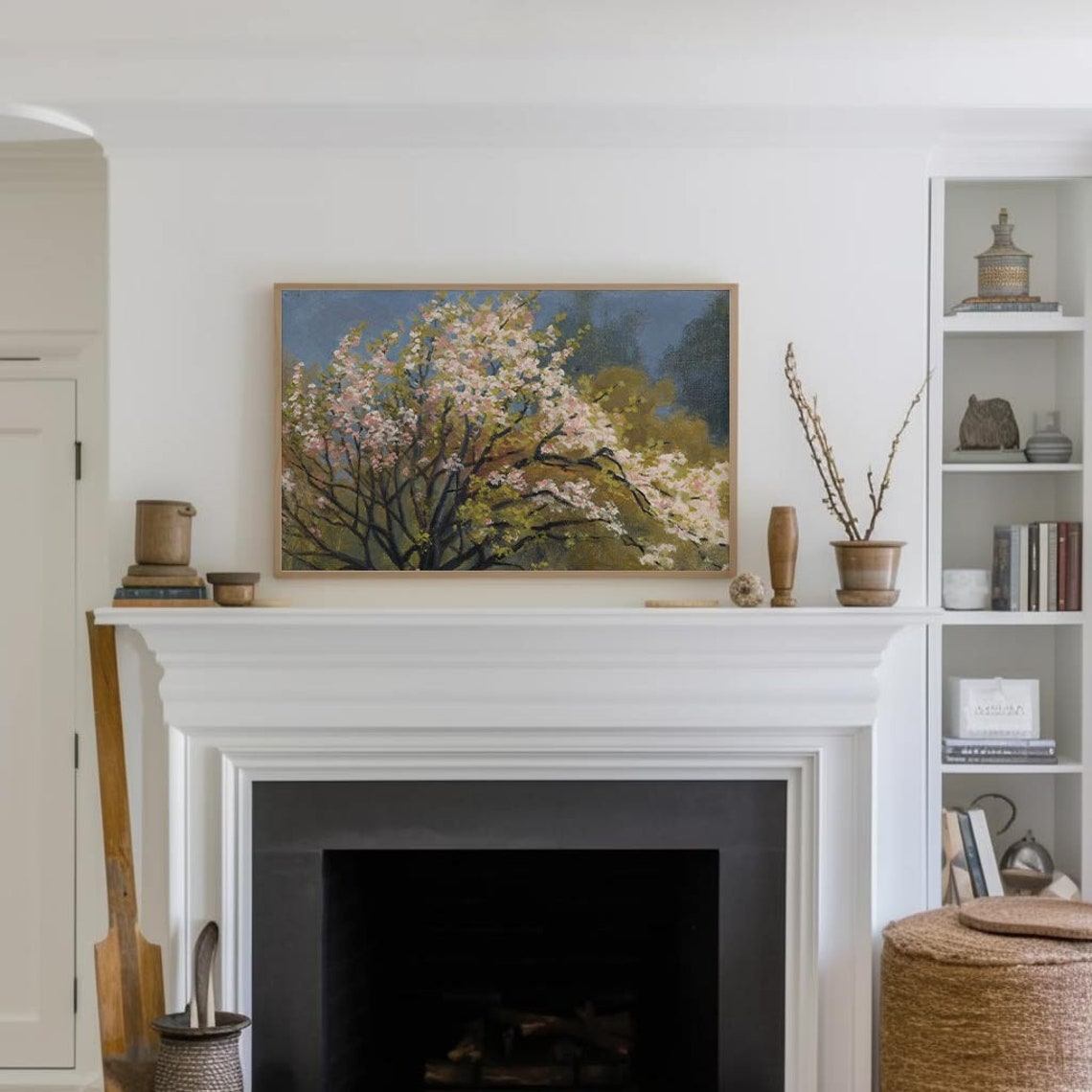 Pink Blossoming Tree Spring Vintage Oil Painting Blue Sky Art Poster - Image 3