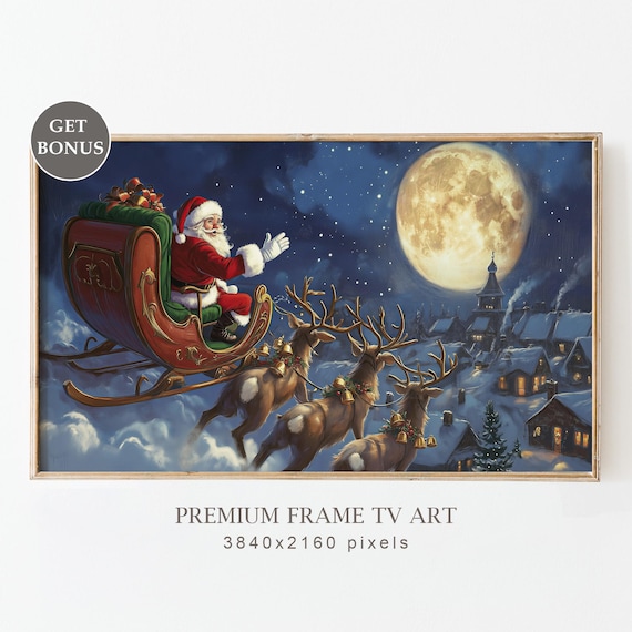 Santa's Christmas Sleigh Ride Art Print, Holiday Decor