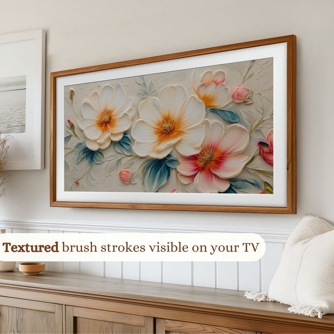 White Cream 3D Flowers Impasto Botanical Frame TV Art Print Neutral Decor - Image 2