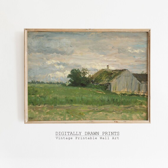 Whitewashed Farmhouse Green Meadow Cloudy Sky Vintage Countryside Poster