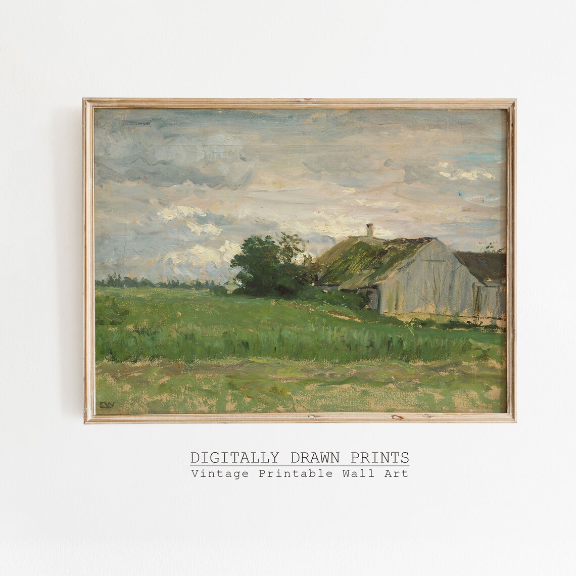Whitewashed Farmhouse Green Meadow Cloudy Sky Vintage Countryside Poster