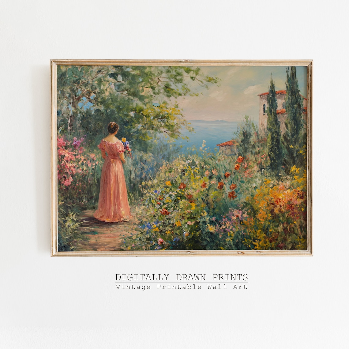 Vintage Mediterranean Garden Woman Pink Dress Sea Villa Oil Painting Art