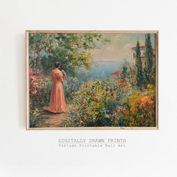 Vintage Mediterranean Garden Woman Pink Dress Sea Villa Oil Painting Art