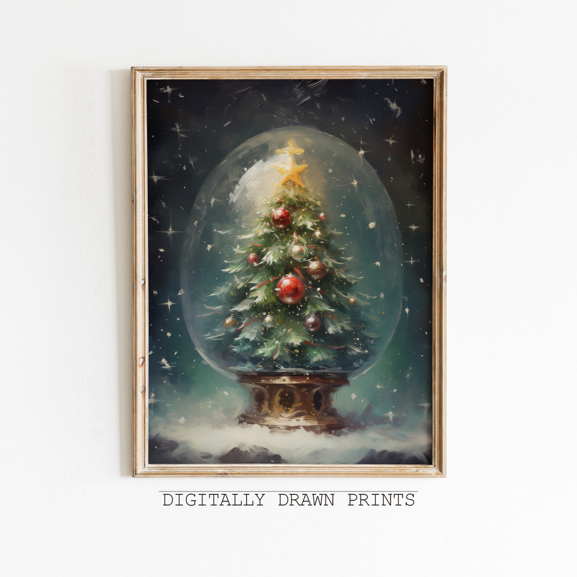 Christmas Tree Snow Globe Vintage Oil Painting Holiday Poster