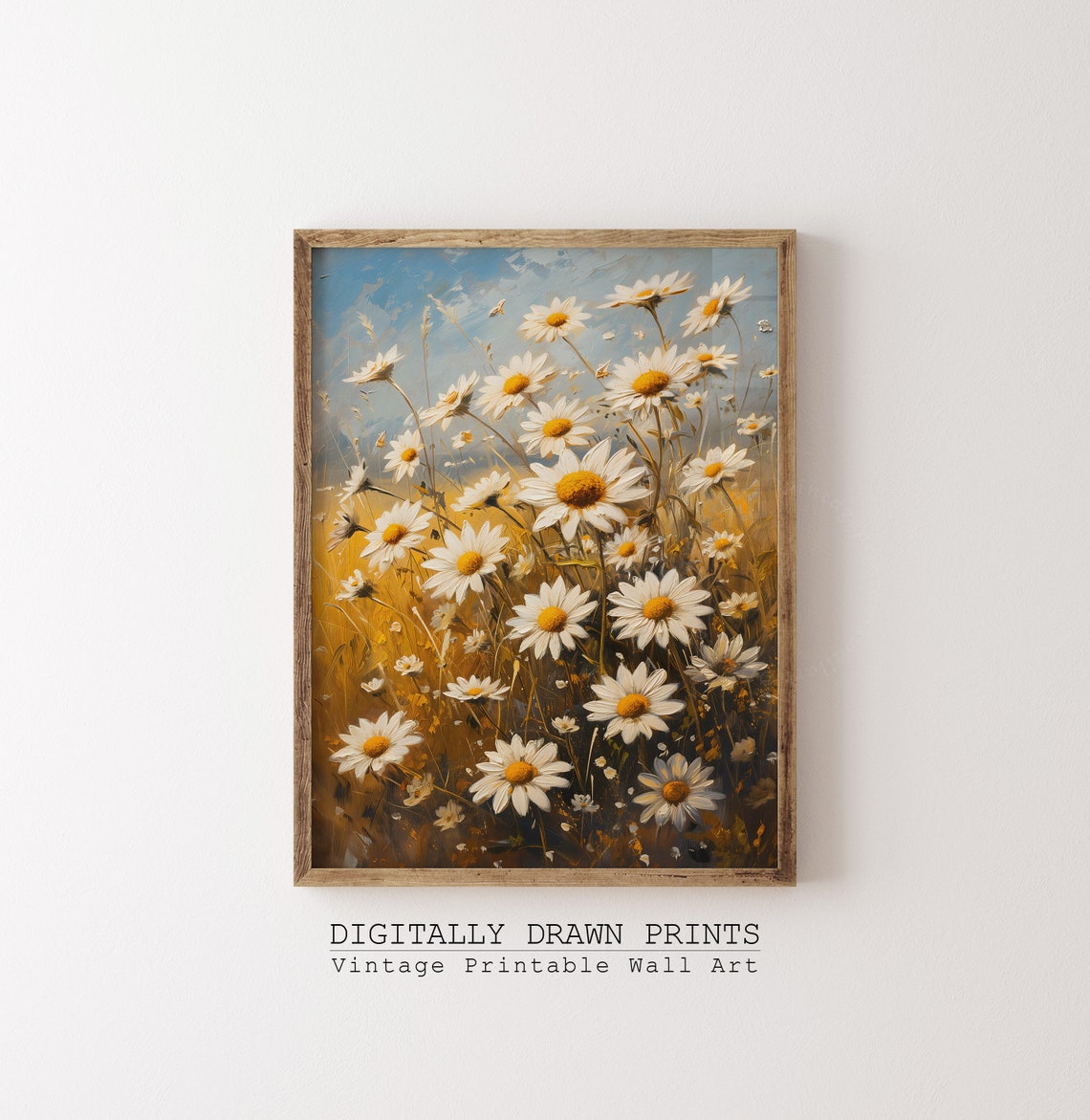 White Daisies Golden Field Blue Sky Vintage Wildflower Oil Print - Image 3