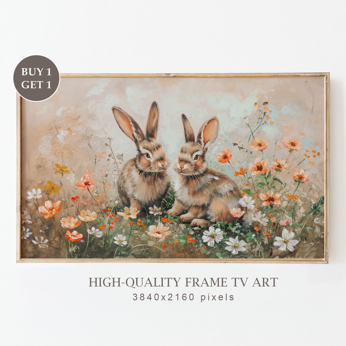 Two Rabbits in Blooming Wildflower Meadow Spring Bunny Art Print