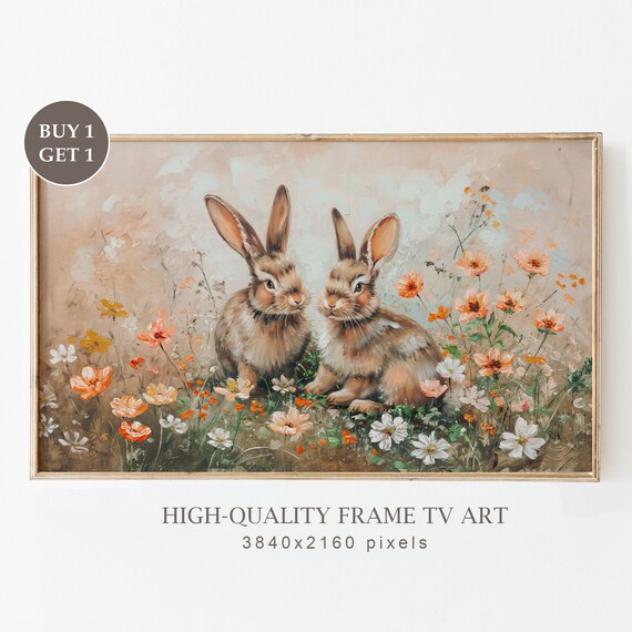 Two Rabbits in Blooming Wildflower Meadow Spring Bunny Art Print