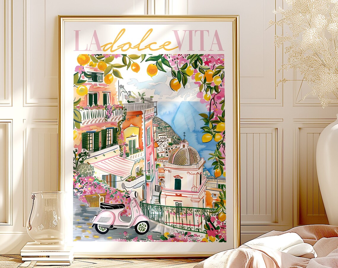 La Dolce Vita Amalfi Coast Italy Pink Vespa Lemons Travel Poster