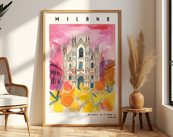 Milano Italy Watercolor Duomo Di Milano Pink Sky Travel Poster