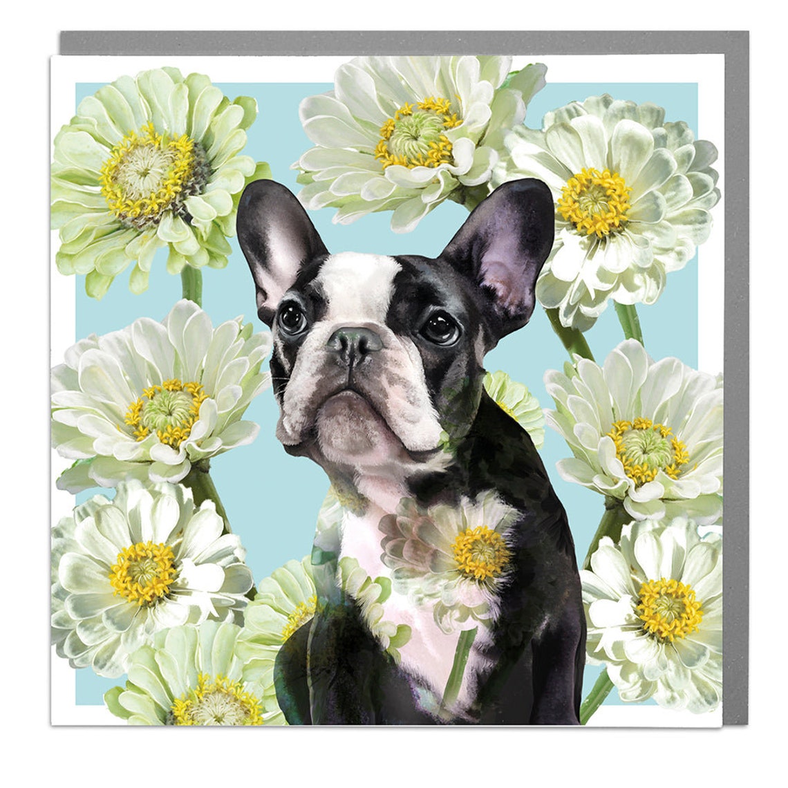 French Bulldog White Daisies Blank Card Greeting Gift Art Print