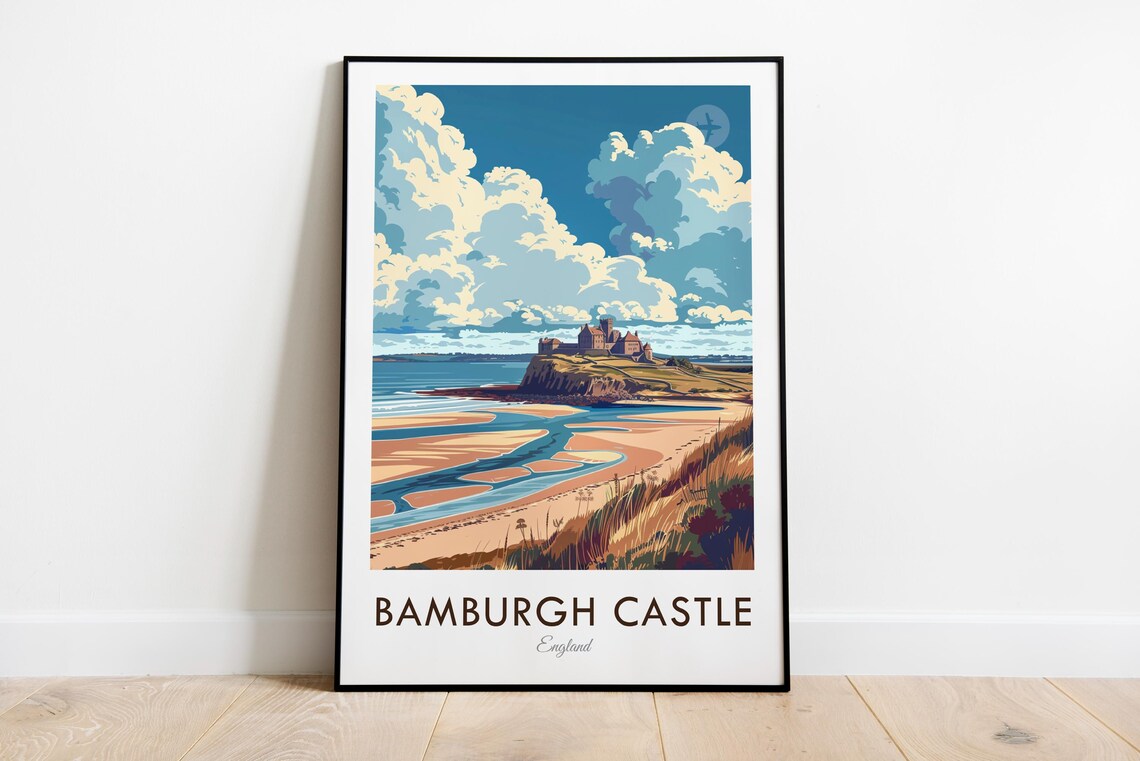 Bamburgh Castle England Coastal Fortress Beach Vintage Travel Poster