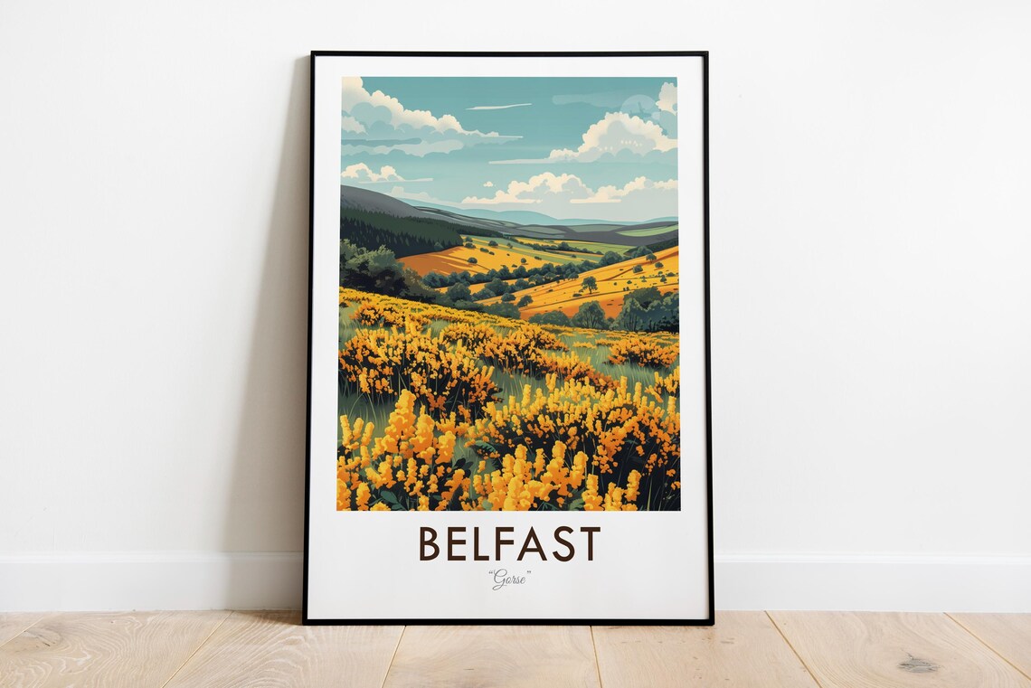 Belfast Northern Ireland Gorse Bloom Hills Vintage Travel Poster