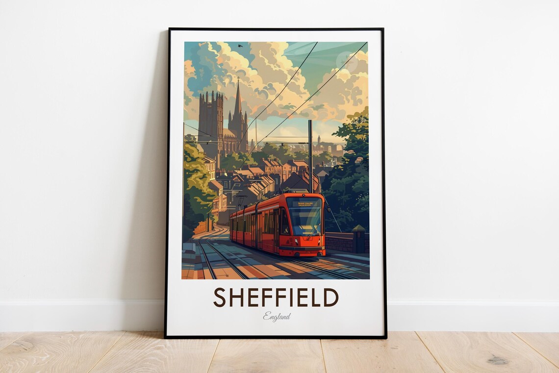 Sheffield England Red Tram Cathedral Skyline Vintage Travel Poster