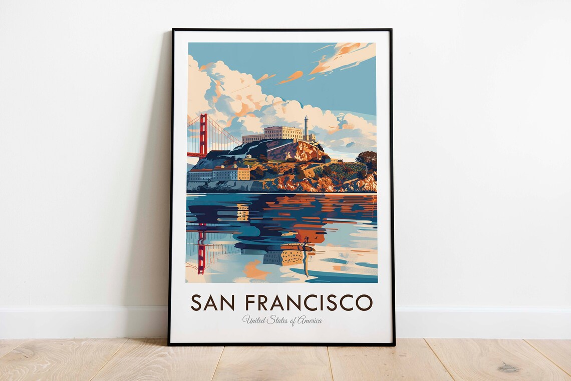 San Francisco Alcatraz Golden Gate Bay Sunset Vintage Travel Poster