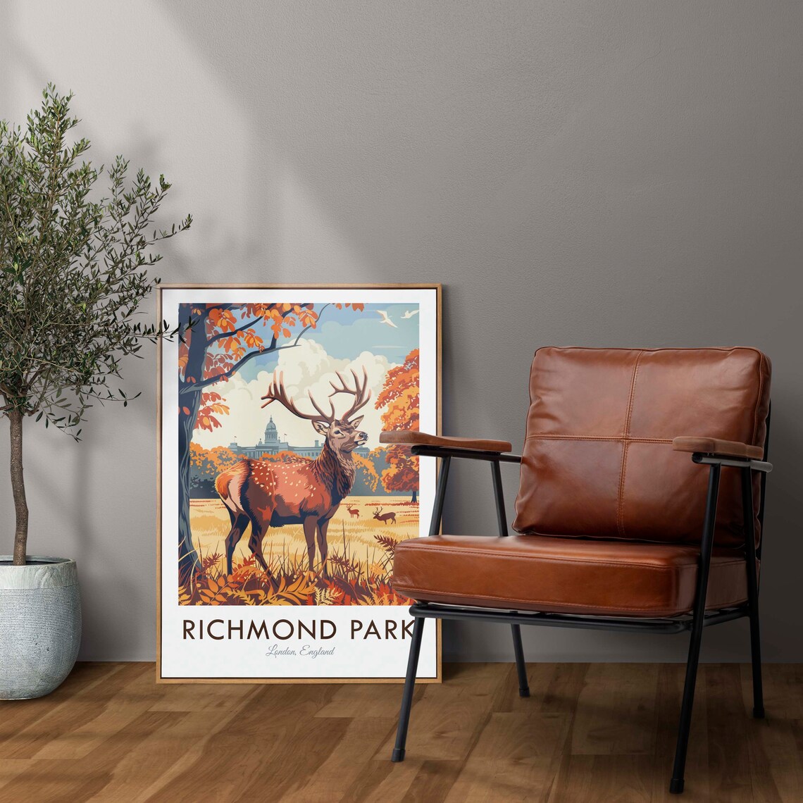 Richmond Park London England Red Deer Stag Autumn Meadow Poster