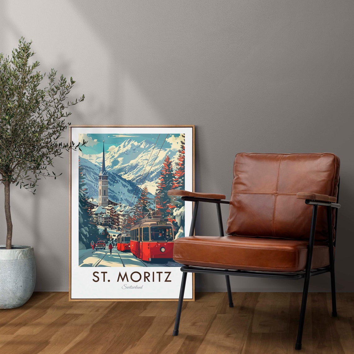 St. Moritz Switzerland Red Tram Snowy Alpine Mountains Ski Poster - Image 2