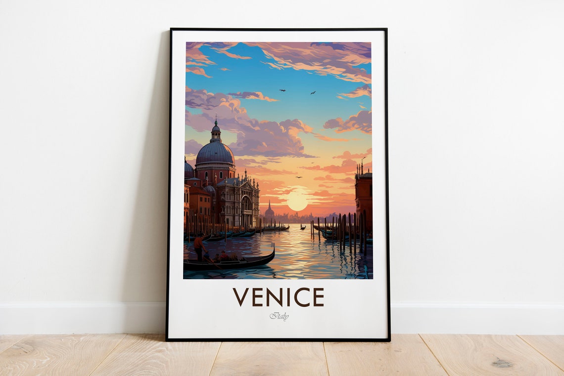 Venice Italy Gondolas Sunset Canal Vintage Illustration Poster