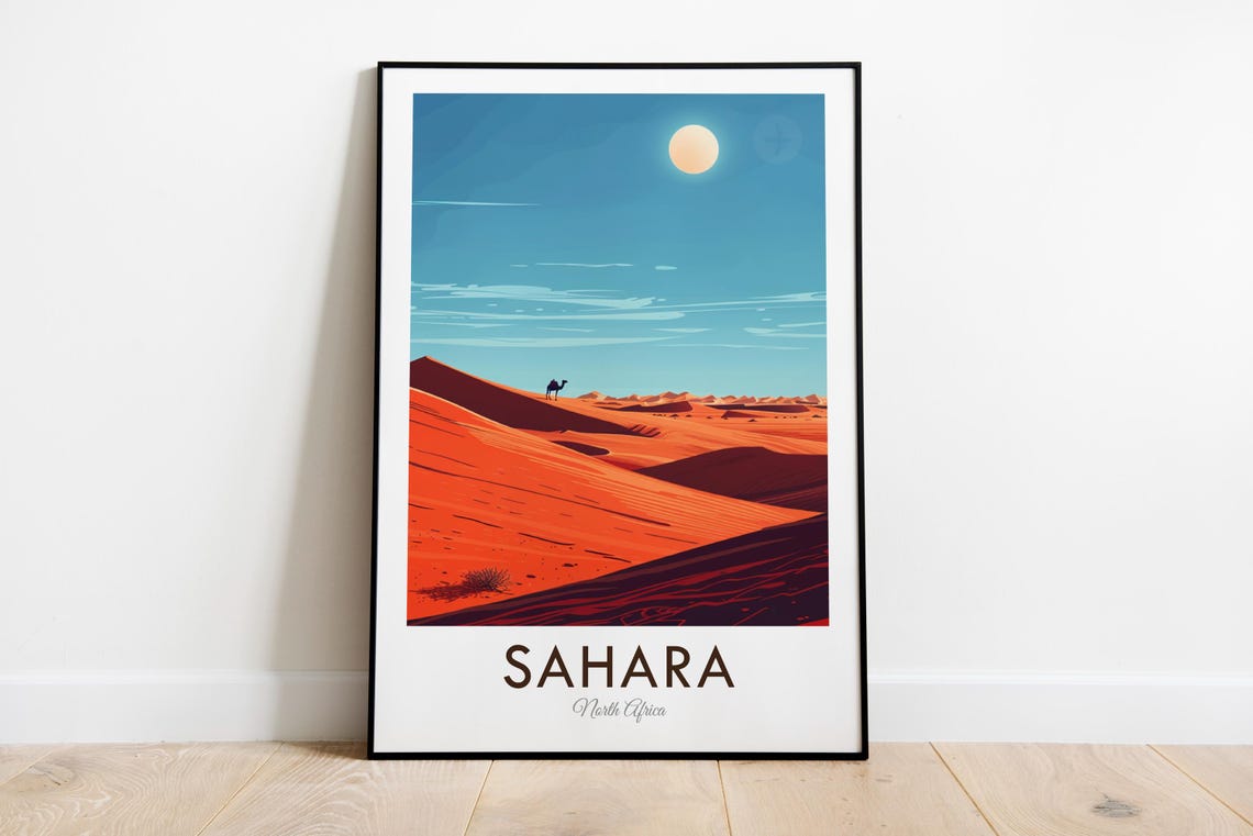 Sahara Desert North Africa Camel Dunes Big Sun Vintage Travel Poster