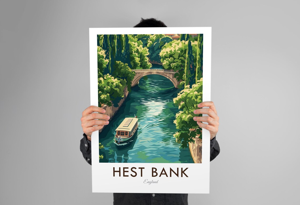 Hest Bank England Canal Boat Stone Bridge Vintage Travel Poster - Image 3