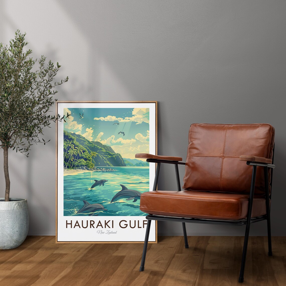 Hauraki Gulf New Zealand Dolphins Beach Cliffs Vintage Travel Poster - Image 2