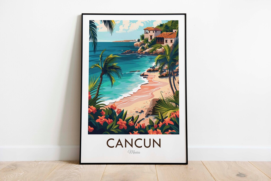 Cancun Mexico Cliffside Resort Cove Palms And Hibiscus Beach Travel Poster
