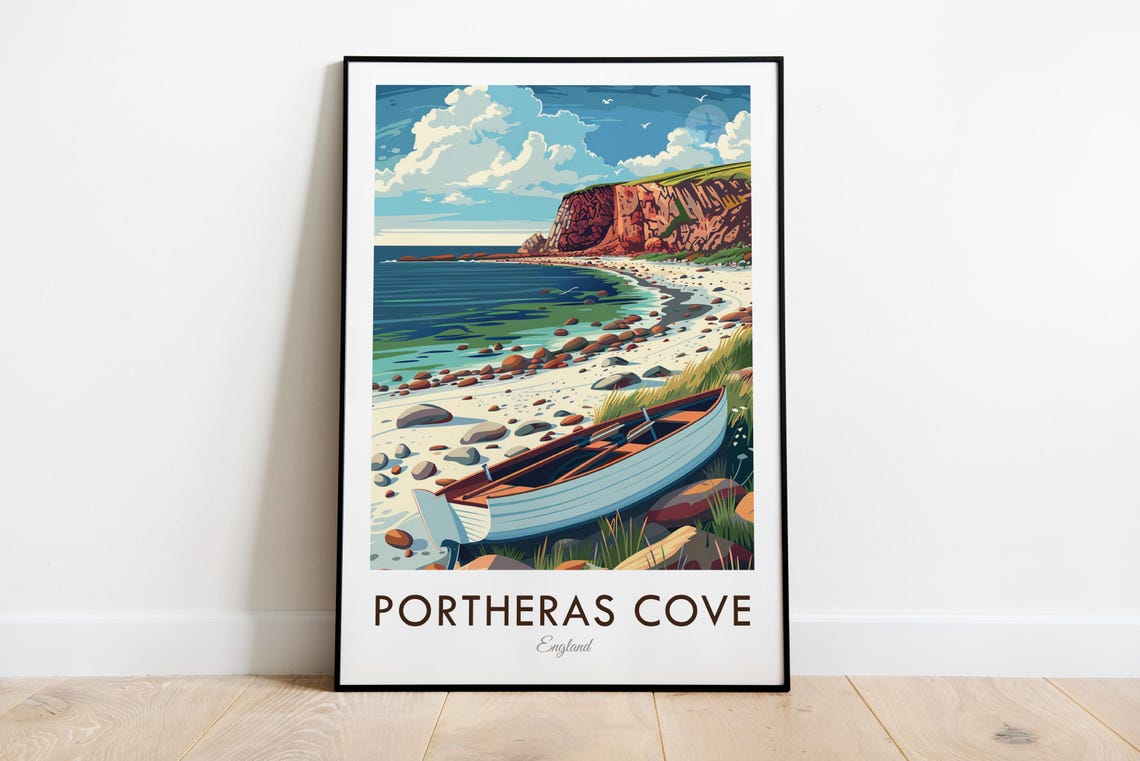 Portheras Cove Cornwall Rocky Beach Rowboat Vintage Travel Poster