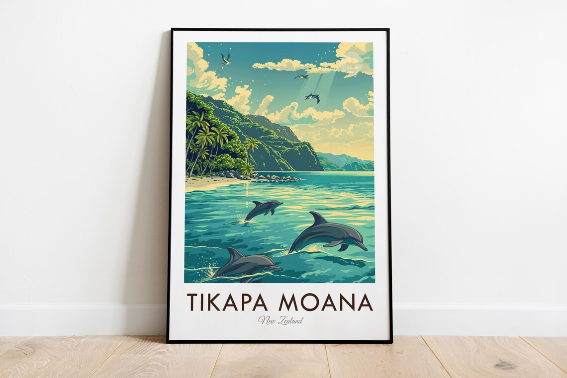 Tikapa Moana New Zealand Dolphins Beach Cliffs Vintage Travel Poster