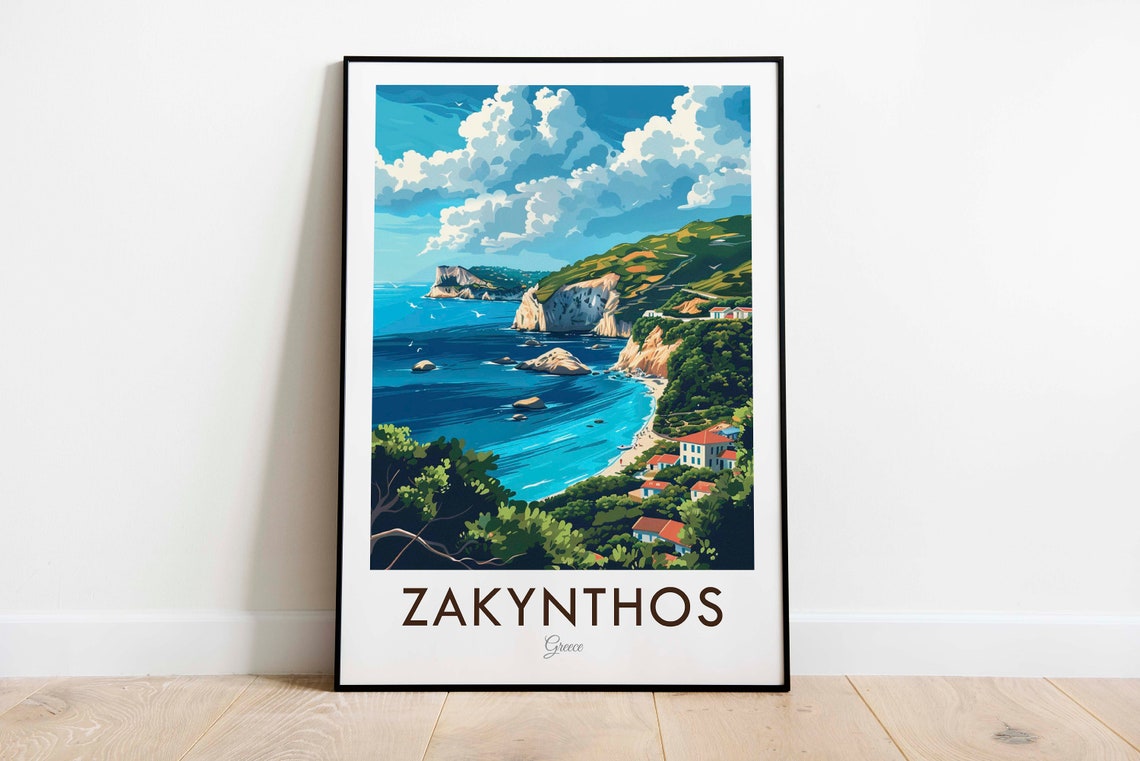 Zakynthos Greece Ionian Island Coastal Cliffs Vintage Travel Poster