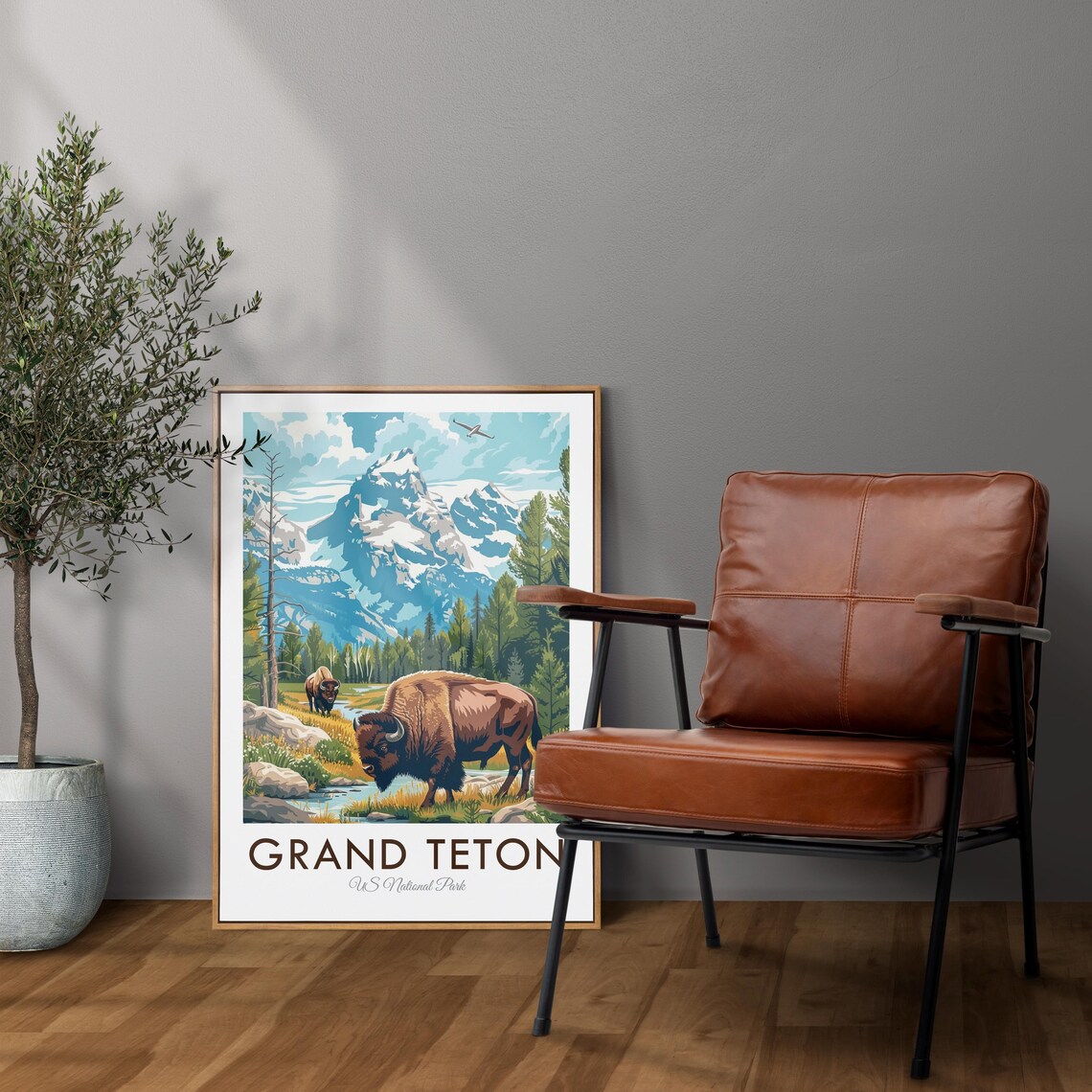 Grand Teton National Park Bison Snow Peaks Vintage Travel Poster - Image 2