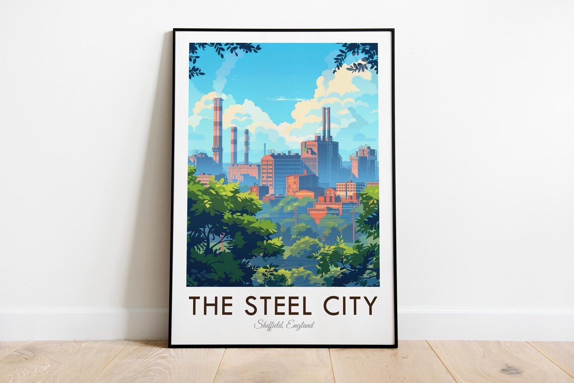 Sheffield The Steel City England Vintage Travel Poster