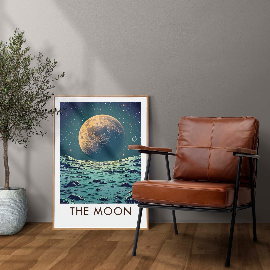 The Moon Retro Solar System Cratered Surface Starry Sky Travel Poster - Image 2
