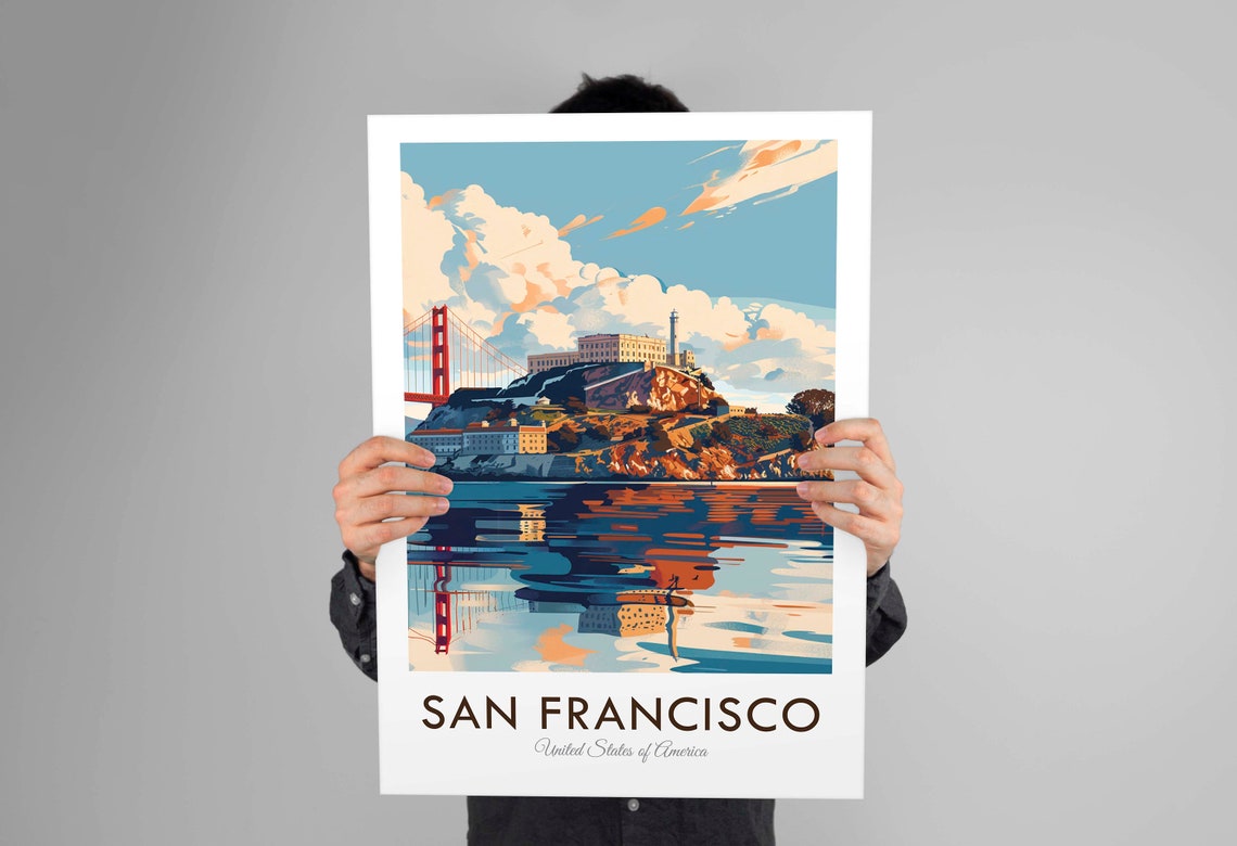 San Francisco Alcatraz Golden Gate Bay Sunset Vintage Travel Poster - Image 3