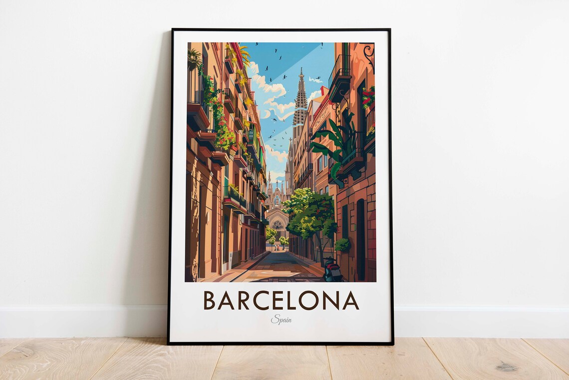 Barcelona Spain Old Town Cathedral Street Vintage Travel Poster